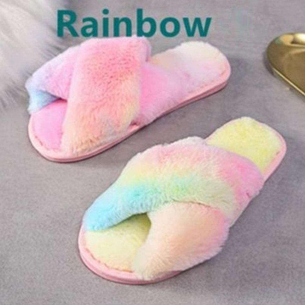 Unicorn Rainbow Women House Slippers Sandals Slip On Flats Cozy Furry Shoe Sz 9
